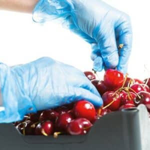 Poedervrije blauwe vinyl handschoenen – latexvrij en geschikt voor hygiënisch gebruik in voeding en verzorging.