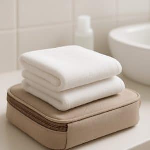 Zachte washandjes opgestapeld op een toilettas – ideaal voor verzorging thuis, op reis of in de zorg.