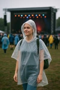 Een transparante wegwerp poncho gedragen door een persoon tijdens een regenbui op een buitenlocatie, met rugzak zichtbaar onder de poncho.