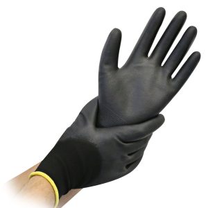 Hygostar Black Ace fijngebreide werkhandschoenen met 3/4 PU-coating, zwart, voor industrie, ambacht en montagewerkzaamheden.