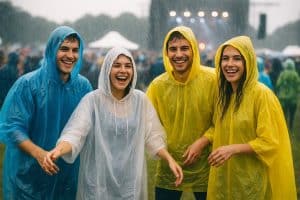 Vier festivalgangers lachen in de regen terwijl ze kleurrijke wegwerp poncho’s met capuchon dragen.  Verkrijgbaar in grootverpakking