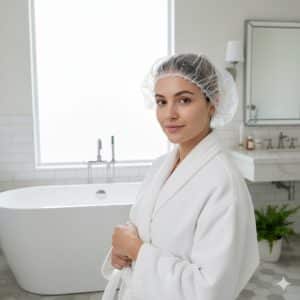 Vrouw in witte badjas met wegwerp badmuts in moderne badkamer, klaar voor wellnessbehandeling